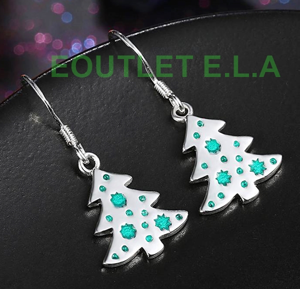 32mm CUTE GREEN ENAMEL XMAS TREE SILVER EARRINGS